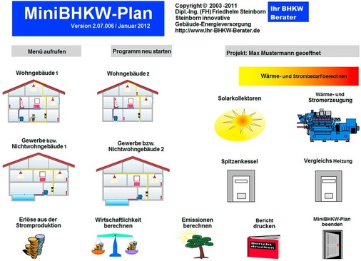 Abb. 2 Startbild der Software MiniBHKW-Plan, die auf Anlagen bis 50 kWel mit bis zu sechs Modulen spezialisiert ist. - © Steinborn
