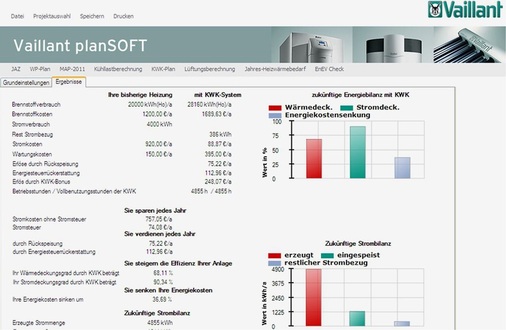 Abb. 6 plansoft zur Auslegung von Vaillant-BHKW-Systemen.