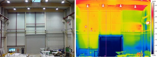 Abb. 5 Torbereich Halle 1 (links Foto, rechts Thermogramm): Es ist ein deutlicher Unterschied beim Wärmeschutz zwischen Tor und Fassade zu erkennen. Kalte (blaue) Stellen im Tür- und Torbereich sowie am Fassadenstoß (rechts) zeigen Wärmebrücken und Kaltlufteinfall (scharf abgegrenzte kalte Bereiche zeigen vorwiegend Wärmebrücken auf; wolken- und tropfenförmig ausgebildete kalte Stellen und „Verwaschungen“ deuten auf Undichtigkeiten hin.