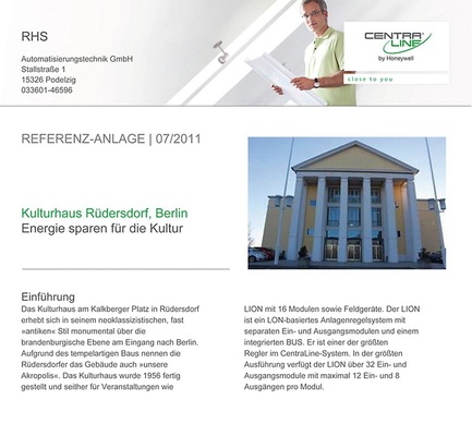 Abb. 4 Zwei auf einen Streich — dieser Referenzbericht von CentraLine by Honeywell nützt auch seinem Partner RHS Automatisierungstechnik durch Name und Kontaktdaten im Referenzkopf.