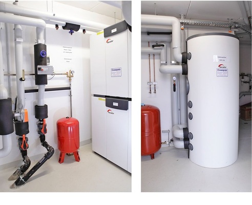 Abb. 5 Wärmepumpenkaskade (Tecalor, TTF 20 GM) und ein 1000-l-Pufferspeicher.