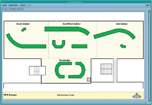 Abb. 3 Grundriss des ­Centers mit Anordnung der Fluglotsen-Arbeitsplätze und der „Supervisorburg“.