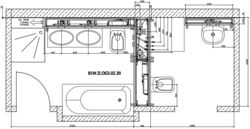 Abb. 5 Installationsschacht als Trennwand zwischen Bad und WC, Grundriss LöwenHof West, Haus 2.