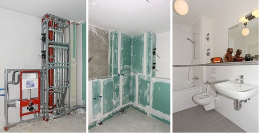 Abb. 4 Nach der Installation der Installationsschächte und -wände mit der gesamten Haustechnik werden die Verbundplatten montiert, danach kann sofort verfliest werden. Egal, welche Anforderungen das Bad erfüllen muss, die Vormontage bietet alle Optionen.