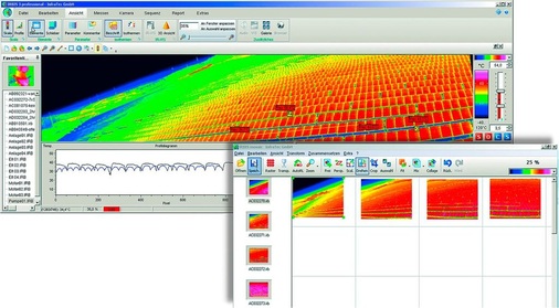 Abb. 3 Im Rahmen von Wartungskontrollen können defekte Module aus einer großen Anzahl installierter PV-Module identifiziert werden. Aus Einzelbildern zusammengesetzte Panoramaaufnahme.