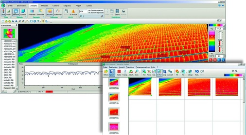 Abb. 3 Im Rahmen von Wartungskontrollen können defekte Module aus einer großen Anzahl installierter PV-Module identifiziert werden. Aus Einzelbildern zusammengesetzte Panoramaaufnahme. - © www.InfraTec.de und Solarschmiede
