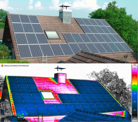 Abb. 9 Kurzgeschlossenes Modul mit charakteristischem „Patchwork-Muster“ links unten. - © Solarschmiede
