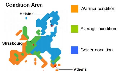 Abb. 6 Klimazonen in Europa als Basis für die Energieeffizienz im Heizbetrieb. Für den Kühlbetrieb werden stellvertretend für ganz Europa die Klimadaten von Straßburg angenommen.