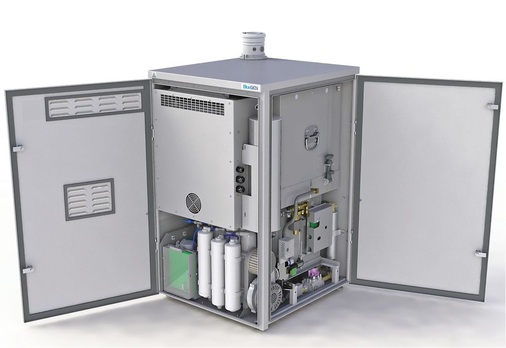 Abb. 3 Das BlueGen-­Gerät von Ceramic Fuel Cells mit einem herausragenden ­elektrischen Wirkungsgrad von bis zu 60 % ist primär als Kleinkraftwerk konzipiert. Es könnte aber auch in virtuellen Kraft­werken eine wichtige Rolle spielen, weil die geringe Wärme­leistung ganzjährig ­genutzt werden kann.