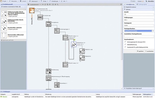 Abb. 2 Konfigurationsbeispiel mit dem Online-Planungstool Sinteso PLdesk für Brandmeldeanlagen: Für 23 Mehrfachsensormelder wird die Montageart spezifiziert. Die entsprechenden Sockel und Melderkennzeichnungsschilder fügt die Software dem Projekt selbstständig hinzu.