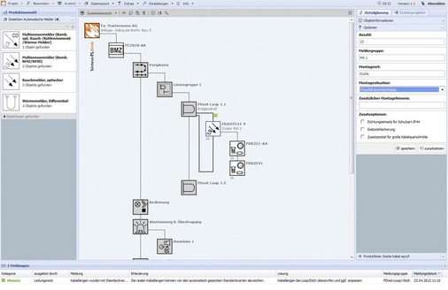 Abb. 2 Konfigurationsbeispiel mit dem Online-Planungstool Sinteso PLdesk für Brandmeldeanlagen: Für 23 Mehrfachsensormelder wird die Montageart spezifiziert. Die entsprechenden Sockel und Melderkennzeichnungsschilder fügt die Software dem Projekt selbstständig hinzu. - © Siemens
