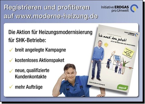 Abb. 2 SHK-Handwerksbetriebe, die von der bundesweiten Aktion zur Heizungsmodernisierung ­profitieren und an der Handwerkervermittlung teilhaben wollen, können sich kostenlos unter www.moderne-heizung.de/shk registrieren. - © IEU
