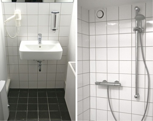 Abb. 3 Pro Dusch- und Waschbereich kam ein elektronischer Durchlauferhitzer DDLE Basis zum ­Einsatz. Er erhitzt Warmwasser bedarfsgerecht und grad­genau. So wird kein Wasser bei der Tem­peraturabstimmung verschwendet.