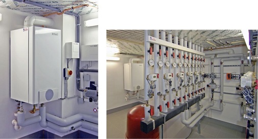 Abb. 2 Das StirlingMikro-KWK-Gerät EcoGen WGS hat ähn­liche Abmessungen wie ein normales Gas-Brennwertgerät. Neben der Strom ­erzeugenden Heizung wurden die Komponenten zur Regelung und zur Nachspeisung des Heizungswassers (unten) angeordnet. Der Blick in den ­Aufstellraum zeigt, dass es sich auch ­handwerklich um eine Musterinstallation handelt.