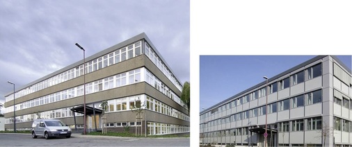 Abb. 2 Das HSE-Technik-Hauptgebäude vor der Sanierung (links) und mit der neuen Fassade nach der Sanierung.