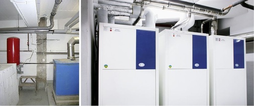 Abb. 2 Ausgedient: Der ursprünglich verbaute atmosphärische Gas-Heizkessel (links). Die drei Neuen: Gas-Brennwertheizkessel ProCon HT 150 (rechts).