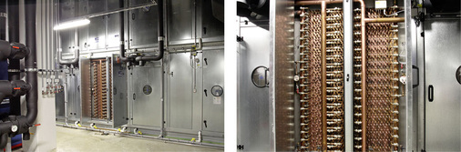 Abb. 3 Die hocheffizienten Wärmeübertrager in Gegenstrom-Schicht-Wärmetauscher-Technologie werden am SEW-Standort Kempen in Leerteile des RLT-Gerätelieferanten eingebaut und dann zusammen mit den anderen Geräteteilen vor Ort endmontiert. Eine patentierte Verschaltung der Register ermöglicht die integrierte Entfeuchtungskühlung und Kältemaschinenrückkühlung. Dabei werden effektive Systemaustauschgrade von bis zu 80 % und Effizienzgradienten von bis zu 1:100 erzielt.