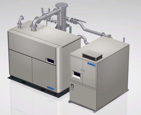 Abb. 8 Sattdampf produzierende Wärmepumpe ­Kobelco von Kobe Steel, wahlweise mit 120 oder 165 °C. Im Vergleich mit einer zentralen Dampf­versorgung lassen sich damit die Betriebskosten in Industrieunternehmen halbieren, so der ­Hersteller.