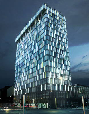 Abb. 6 Passivhochhaus Power Tower, Linz. „Photovoltaik, Wärmepumpen zum Heizen und Kühlen, KWK-­Anlagen, Wärmerückgewinnungssysteme, Energiespeicher und das intelligente Stromnetz wachsen ­zusammen.“