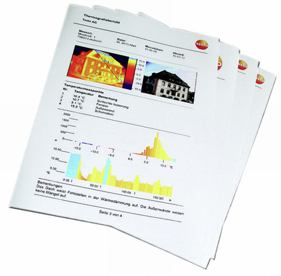 Abb. 10 Thermografie-Berichte sollten neben Thermo­grammen, Lichtbildern, Messwerttabellen und Bildkommentaren auch Projekt-, Objekt- und ­Messgerätedaten enthalten. - © Testo

