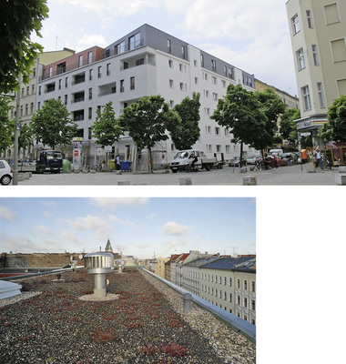 Abb. 5 Bei der Modernisierung eines fünfgeschossigen Altbaus mit 30 Wohnungen und innen liegenden Bädern wurde die Belüftung über Regel-air Fensterfalz-Lüfter und die Entlüftung über Hybridventilatoren realisiert.