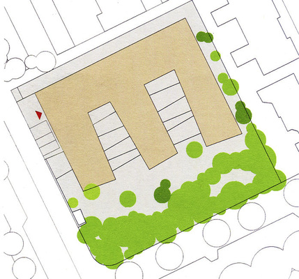 Abb. 2 Den drei Fingern des E-förmigen Grundrisses ist ein Außengelände mit altem Baumbestand ­vorgelagert.