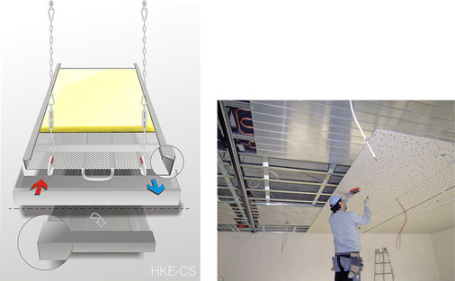Abb. 3 Die Deckenstrahlplatten HKE-CS für das Rut-Bahlsen-Zentrum wurden in gelochter Ausführung mit werkseitig eingelegter Akustikdämmung ausgewählt. Die Beplankung erfolgte bauseits durch Gipskartonplatten mit eingewobenen Grafitanteilen.