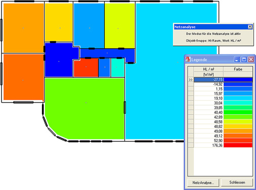 Abb. 4 Werden die Bauteile mit der Gebäudegeometrie verknüpft, lassen sich umfangreiche Auswertungen vornehmen — wie hier die Visualisierung der flächenspezifischen Heizlast zur Kontrolle. - © mh-Software
