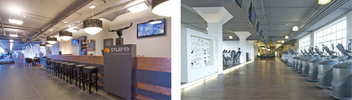 Abb. 2 Lounge, Sport, Sauna & Spa — tatsächlich ist das PURE alles in einem. Die attraktive Café-Bar im Eingangsbereich ist zugleich zentraler Mittelpunkt und verbindet den Gerätesport- mit dem Gymnastik- und Wellnessbereich. Modernste Technik und anspruchsvolle Innenarchitektur machen den Fitnessclub zu einem Unikat in der Region.