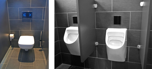 Abb. 5 Bei den WCs ging der Investor keine Kompromisse ein. In allen „stillen Örtchen“ kam das elektronische Spülsysteme Ambition E Eco zum Einsatz. Bei der Urinal-Elektronik Ambition E bestätigt die A-Klassifizierung nach WELL die Bestwerte bei Energieeffizienz, Wassereinsparung und Hygiene.