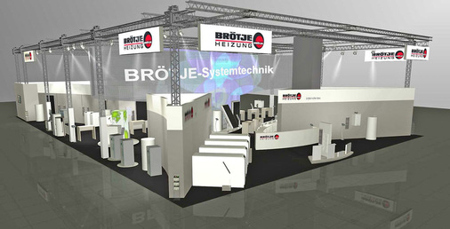 Abb. 6 Brötje-Messestand auf der ISH. Vorne links im Bild sieht man die 4er-SGB-Kaskade mit einer Gesamtleistung von 2,4 MW.