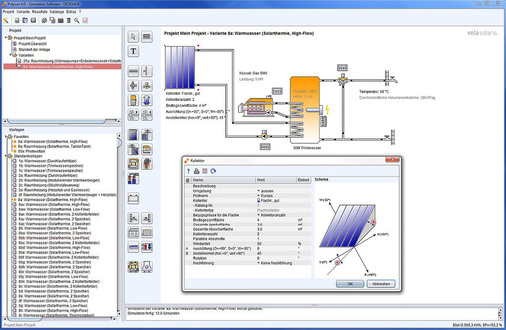 Abb. 12 AuslegungsAssistenten, Vorgabewerte und grafische Dialogfenster unterstützen den Anwender bei der Definition der Anlage. Ein Simula­tionsprogramm ist ­jedoch immer nur so gut, wie das Know-how des Anwenders. - © Vela Solaris
