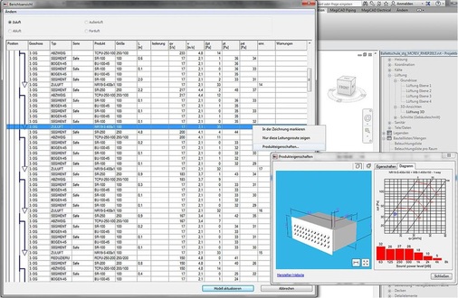 Abb. 6 Produkt-Datenbanken ermöglichen die Auswahl konkreter Kanalbauteile, bei denen alle tech­nischen Parameter ­hinterlegt sind. - © Progman Oy
