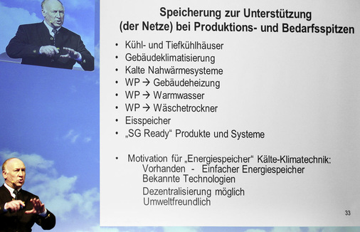 Abb. 2 Rainer Jakobs ­erläutert die Speicherfunktion von Kälte­maschinen und ­Wärmepumpen zur Stabilisierung des Stromnetzes. - © JV
