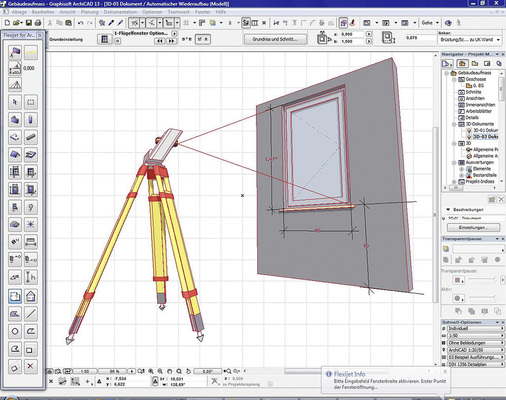 Abb. 4 Für die selektive 3D-Erfassung markanter Punkte sind Tachymetrische Systeme ­ideal, vor allem, wenn mit dem Aufmaß echte CAD-Bauteile einge­geben werden, sodass ein sofort verwert­bares CAD-Gebäudemodell entsteht. - © Flexijet
