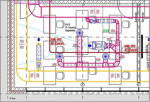 Abb. 5 Planauszug: Grundriss des Raums „PC-Schulung“ mit Klima- und ­Lüftungstechnik.