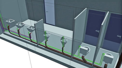 Abb. 7 Visualisierungen machen die räumlichen Zusammenhänge deutlich: Trinkwasser-Ringleitung unter ­Verwendung der ­Einschleif-Methode. - © Data Design System
