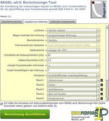 Abb. 5 Online-Berechnungstool für Regel-air Fensterfalz-Lüfter zur Unter­stützung von Planungsbüros, Architekten und ausschreibenden Stellen. - © Innoperform
