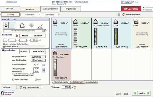 Abb. 2 Grundlage aller Berechnungen sind umfangreiche und ­individuell erweiter­bare Bauteildaten­banken. Bauteilübersichten machen die Gebäudeerfassung transparent.
