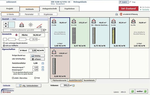 Abb. 2 Grundlage aller Berechnungen sind umfangreiche und ­individuell erweiter­bare Bauteildaten­banken. Bauteilübersichten machen die Gebäudeerfassung transparent. - © Hottgenroth Software
