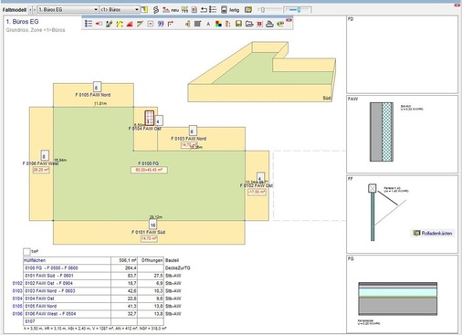 Abb. 5 Wird es kom­plizierter, lassen sich Gebäudegeometrien per 2,5D- oder 3D-Hüllflächeneditor ­erfassen, respektive nach DIN V 18599 ­zonieren. - © Kern Ingenieurkonzepte
