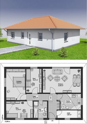 Abb. 2 Ansicht und Grundriss des Qualitätsmanagement-Prüfgebäudes. - © Schoch
