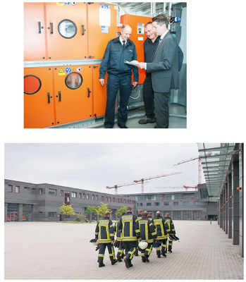 Abb. 2 …was sich auch im Lüftungs- und ­Klimatechnik-Konzept mit insgesamt zwölf RLT-Geräten widerspiegelt. Thorsten ­Drewes (Presse- und Öffentlichkeitsarbeit, Brandschutzschulung und Brandschutzerziehung, Berufsfeuerwehr Mülheim an der Ruhr), Bernd Ladewig (Hausmeister, Berufsfeuerwehr Mülheim an der Ruhr ) und Marcus Käbe (Vertriebsleiter Menerga NRW).