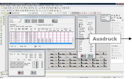 Abb. 3 Mit der Berechnung wird ein Fließweg-Datenblatt ­erstellt, das alle wich­tigen Berechnungs­ergebnisse enthält. Massenauszüge ­können an AVA-Programme übergeben oder mit Excel weiterbearbeitet werden.