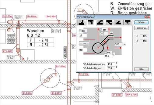 Abb. 2 Werden die ­Anschlüsse und die Verlegerichtung ­bestimmt, generiert das Programm den Rohrdurchmesser, die Formteilgehrung, Formteilkürzung sowie die Rohrlängen automatisch. - © Bausoft Informatik
