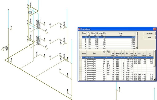 Abb. 8 Die Trassenführung wird mit einer Poly­linie im Grundriss, im Strangschema oder in der Isometrie vorgegeben… - © mh-Software
