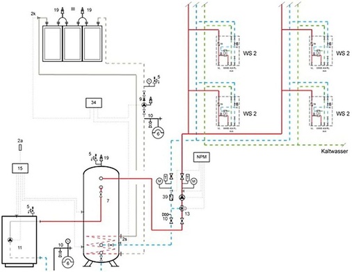 Abb. 5 Systemskizze: Screenshot aus der ­Planungssoftware für die dezentrale Trinkwassererwärmung mit Wohnungsstationen. - © AEG Haustechnik
