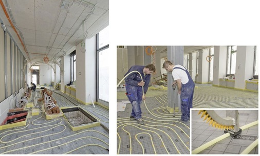 Abb. 2 Das gesamte Gebäude wurde mit einer Fußbodenheizung ­ausgerüstet. Im „BankTeil“ wird über die ­Flächentemperierung auch gekühlt, jeder Raumwinkel wurde dazu ausgenutzt. Der variable Zuschnitt der Fonterra-Tacker­platten, die freie Bestimmung der Rohrabstände und die hohe Haltekraft der Fonterra-Tacker­nadeln mit um 90° zur Rohrachse gedrehten Widerhaken waren auf dieser Baustelle ­besonders wichtig.