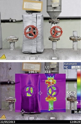 Abb. 2 ...das Unter­nehmen spart durch die Dämmung von Rohrleitungsarmaturen 73000 Euro/a an Energie­kosten. Sichtbild und Thermogramm ­einer Dampf­armatur mit Matratzendämmung und ­einer ungedämmten Dampfarmatur.