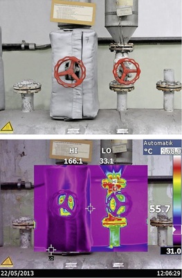 Abb. 2 ...das Unter­nehmen spart durch die Dämmung von Rohrleitungsarmaturen 73000 Euro/a an Energie­kosten. Sichtbild und Thermogramm ­einer Dampf­armatur mit Matratzendämmung und ­einer ungedämmten Dampfarmatur. - © dena / Initiative EnergieEffizienz
